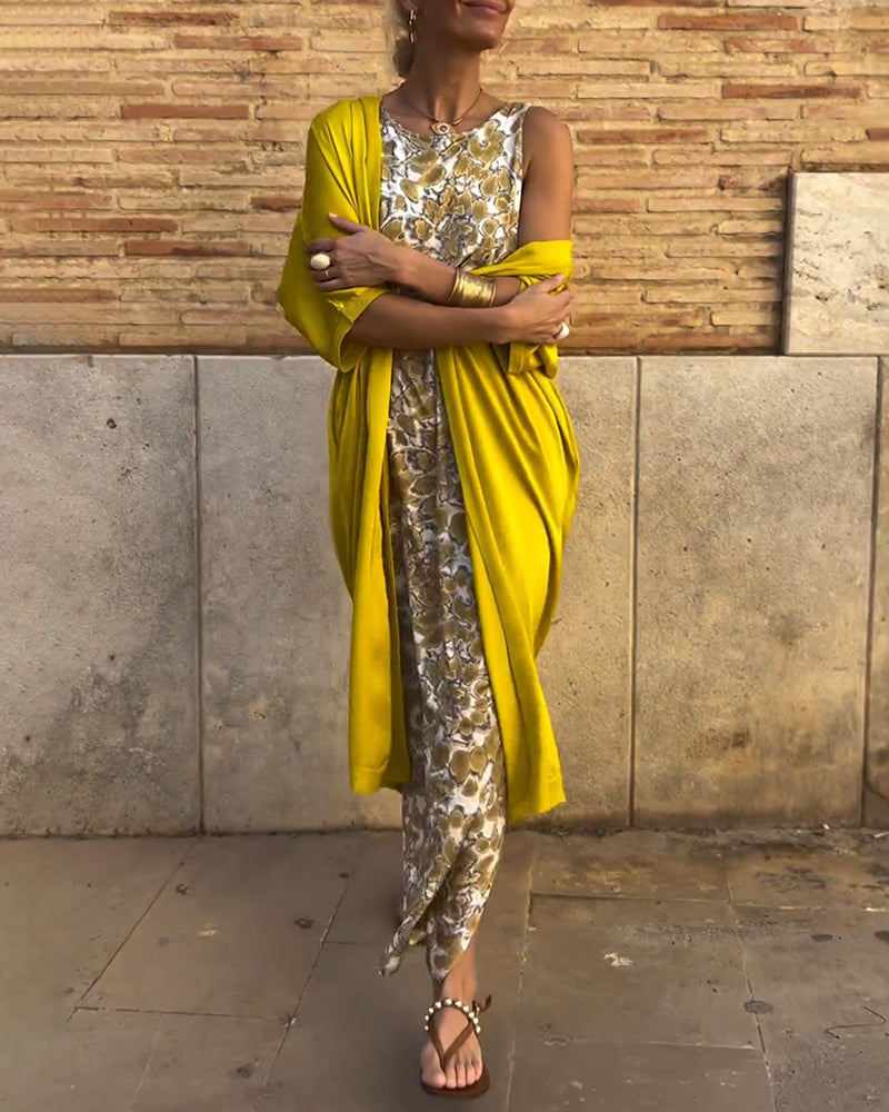 Dames Geprinte Mouwloze Jumpsuit met Ontspannen Gelaagde Overlay