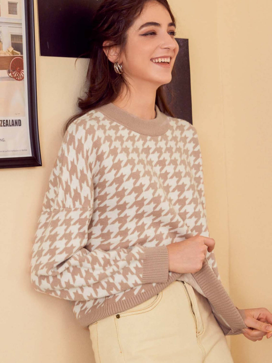 Houndstooth Geribbelde Trim Sweater | Lange Mouwen | Casual Trui met Verlaagde Schouders