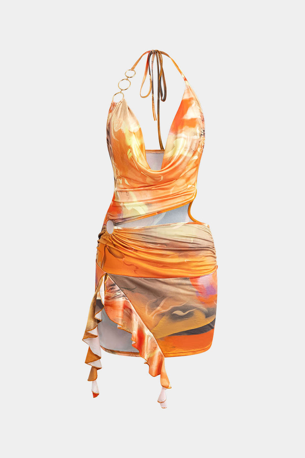Abstracte Print Halter Cowl Neck Split Mini Jurk