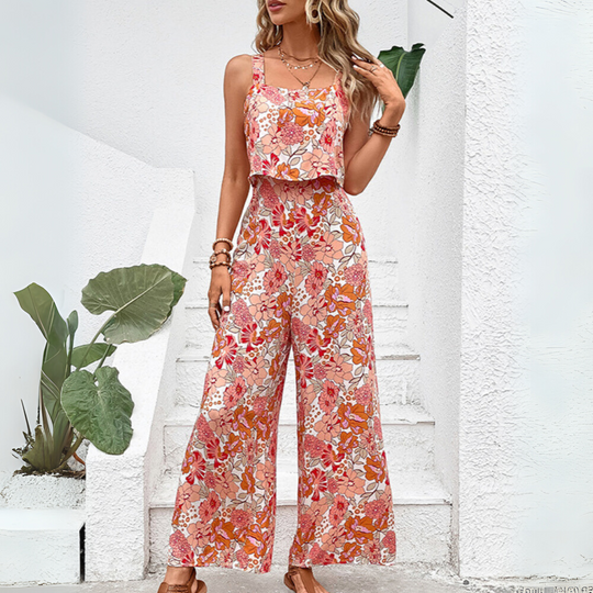 Dames Bloemen Wijde-Pijpen Jumpsuit met Mouwloze Top
